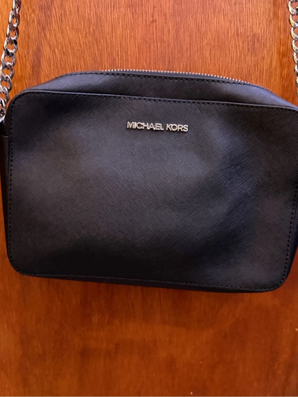 Michael Kors Black Leather Crossbody with Silver Logo